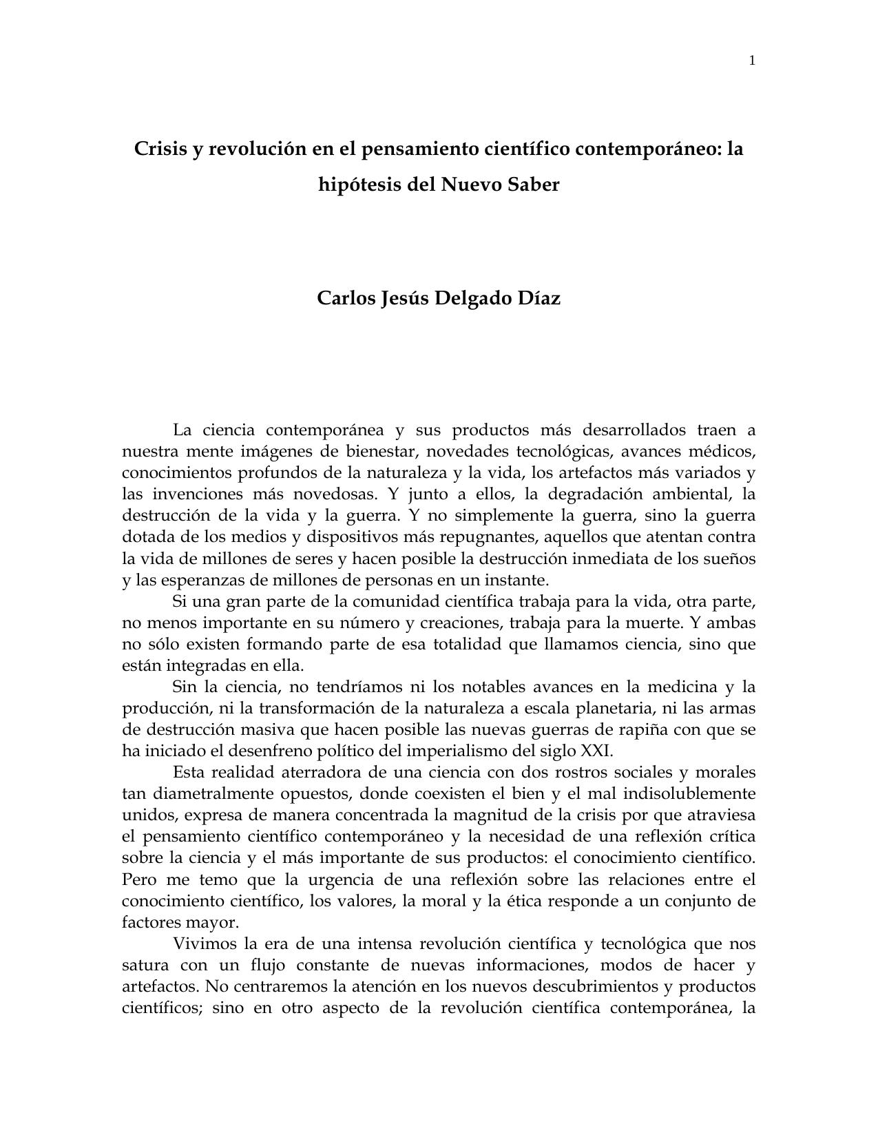 Crisis y revolucion en el pensamiento cientifico contemporaneo: la hipotesis del Nuevo Saber